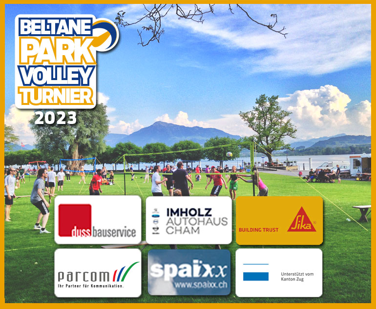 Beltane Parkvolley Turnier Hirsgarten Sponsoren 2023 HCN Clean, Duss Bauservice, Imholz Autohaus Cham, Spaixx.ch, Städtli Metzg, Unterstützt vom Kanton Zug